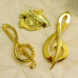 Vintage Gold Plate MUSIC Themed Brooch Lot~ Musical Instruments Treble Clef Pins